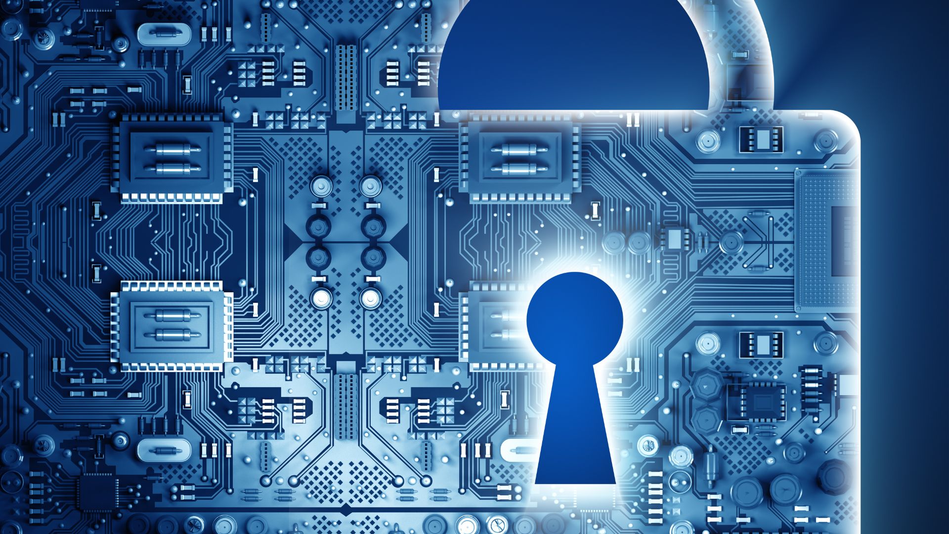 An image of a lock transposed over a circuit board