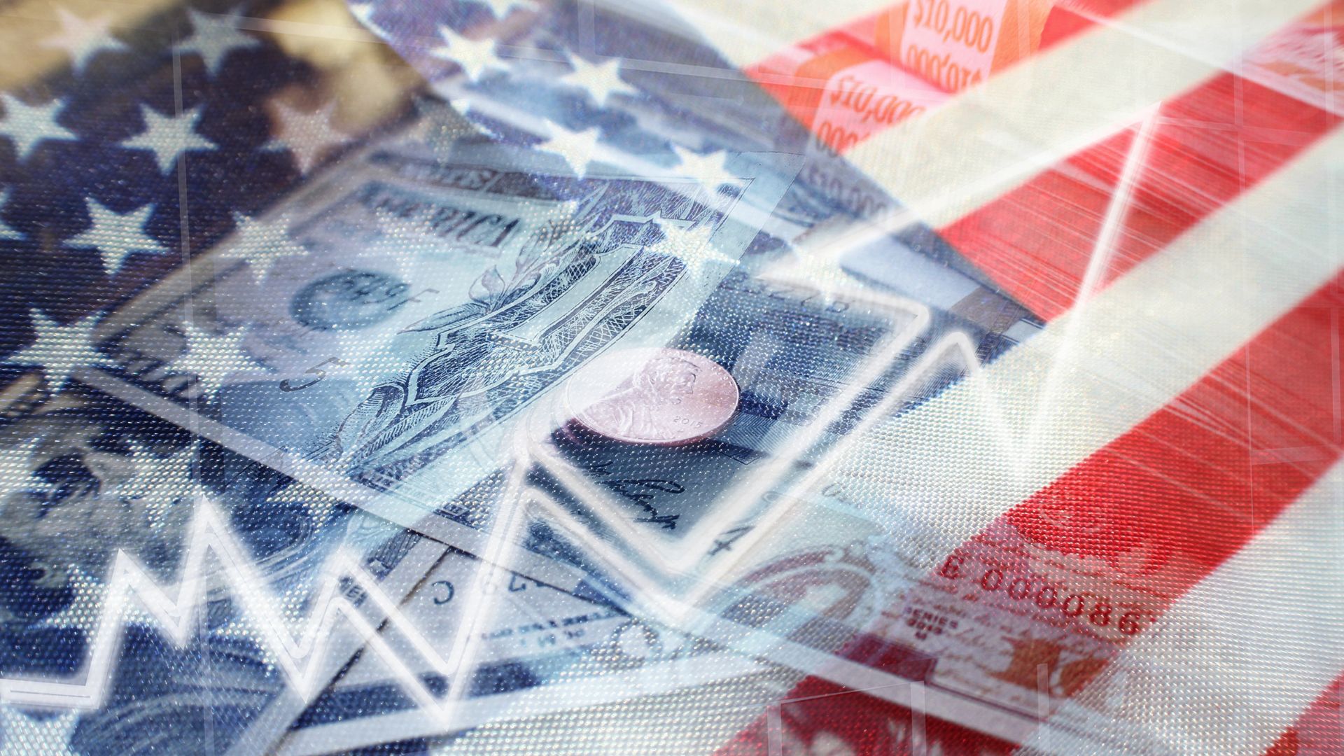 A double exposed image of the American flag and stacks of dollar bills.